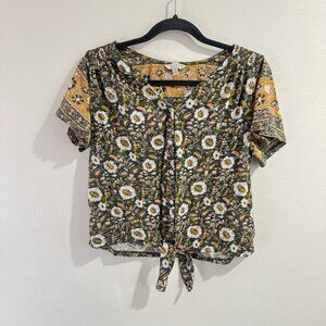 Lucky Brand Blouse Shirt M T-shirt Floral Green Yellow Tie Front Button V-neck